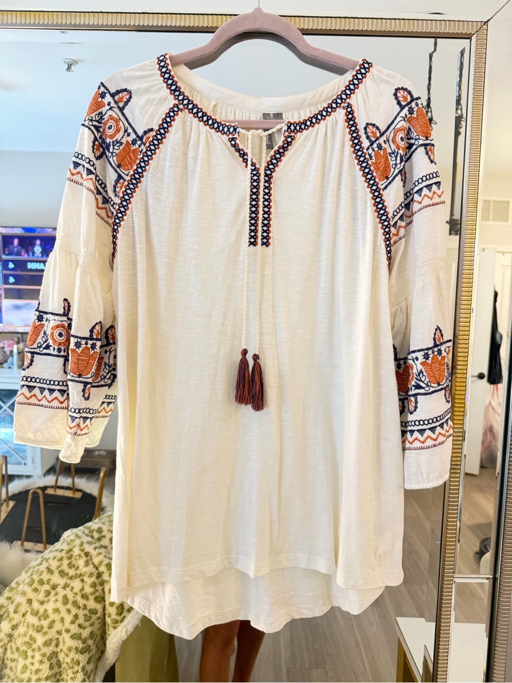 Embroidered Cream Peasant Top with Orange & Navy Accents boho bohemian western